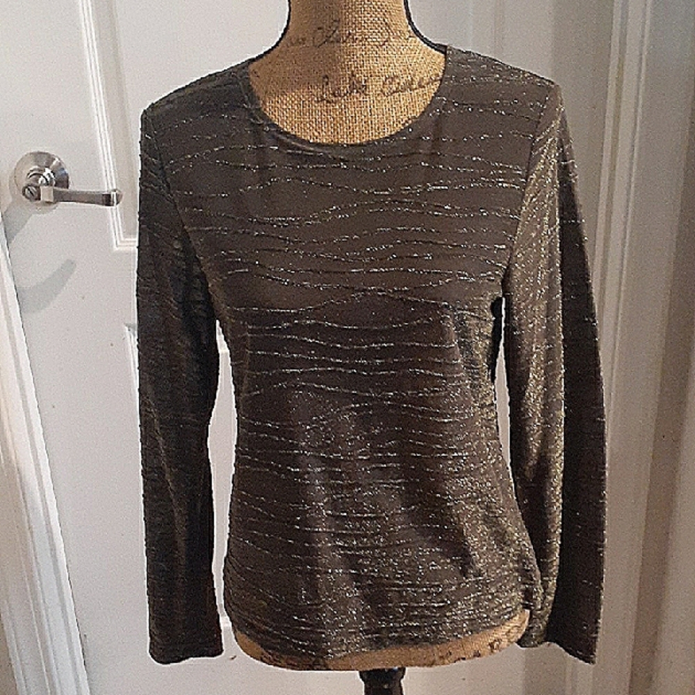 Carole Little.Brown Ribbed Fitted L/S Blouse W/Silver Metallic Strands Med.